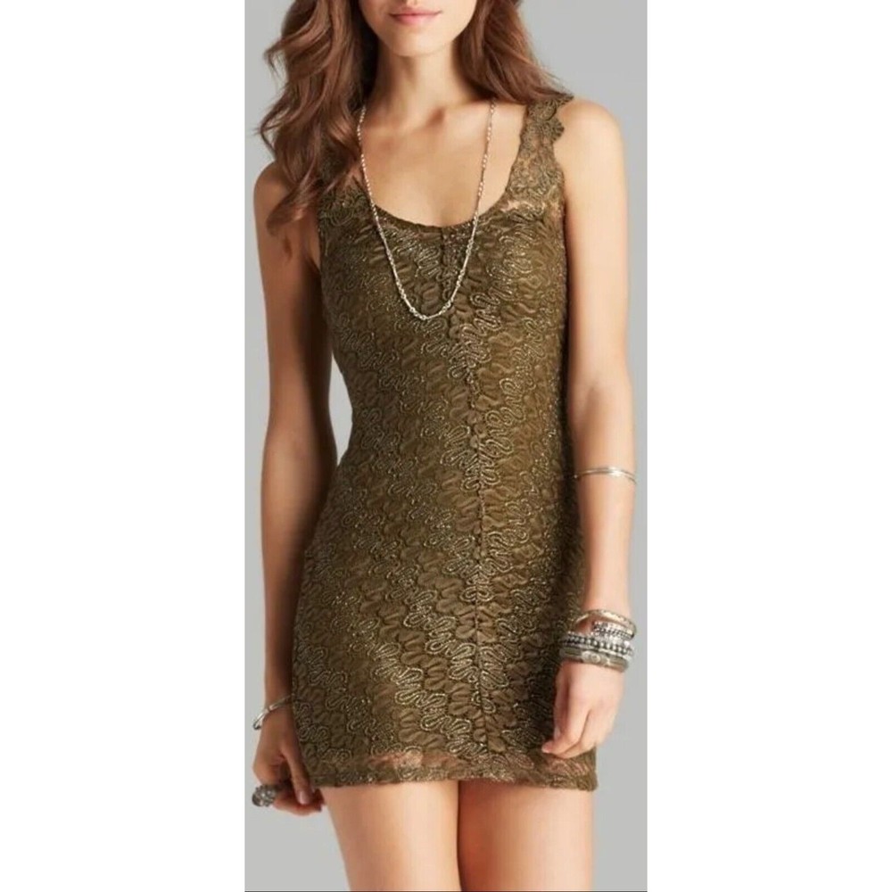 Free People Olive Green Foiled Again Mini Dress Fairycore Lace Bodycon Y2K XS S - Picture 2 of 10